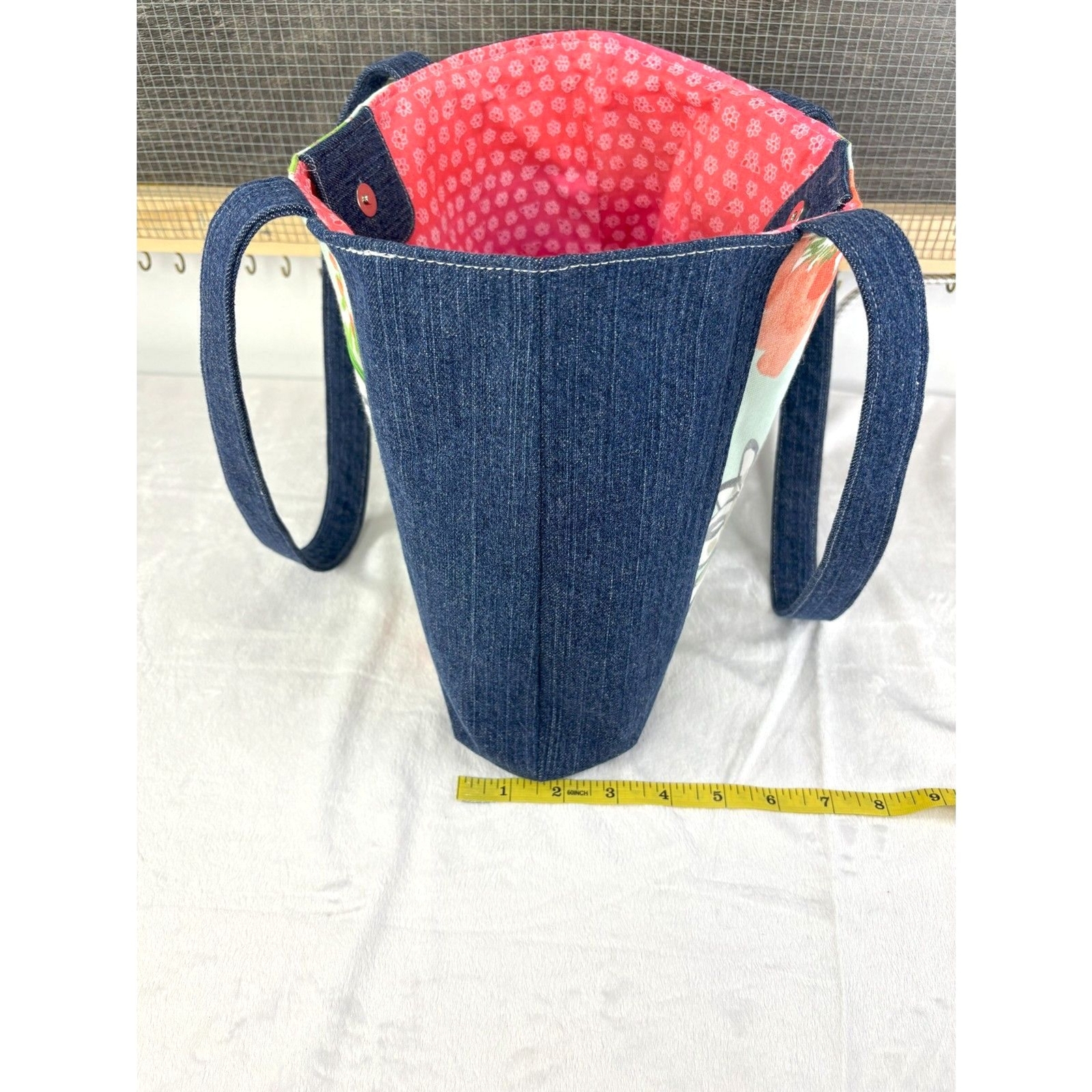 Handmade Upcycled Denim Tote Bag Lined with Cotton Fabric with Zipper Pocket
