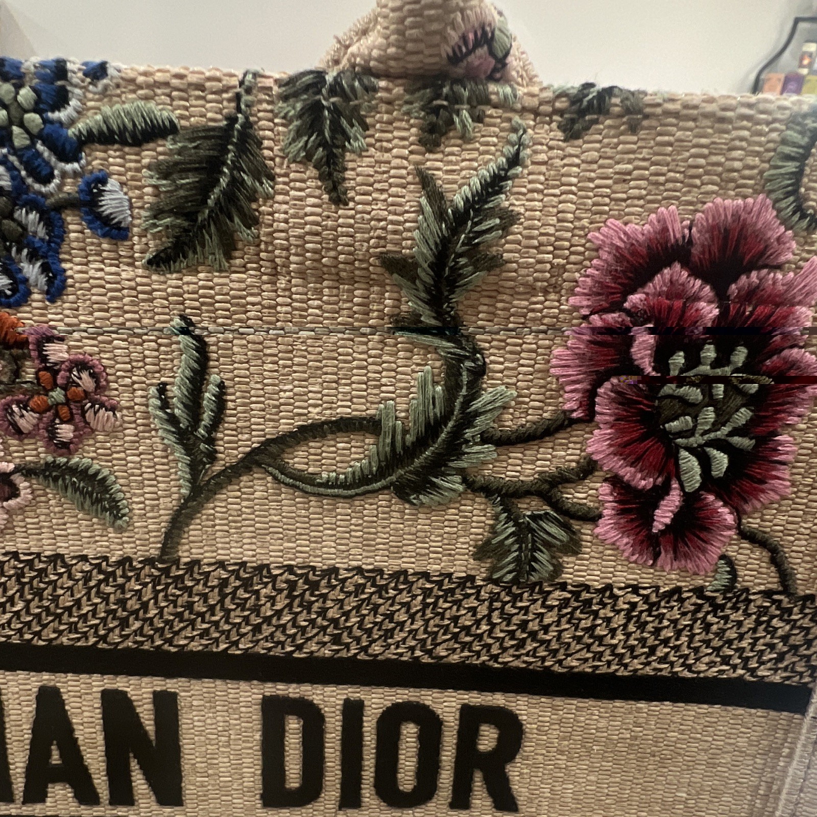 Dior Women’s Floral Embroidered Tote Bag Beige/Multicolor Top Handle Open