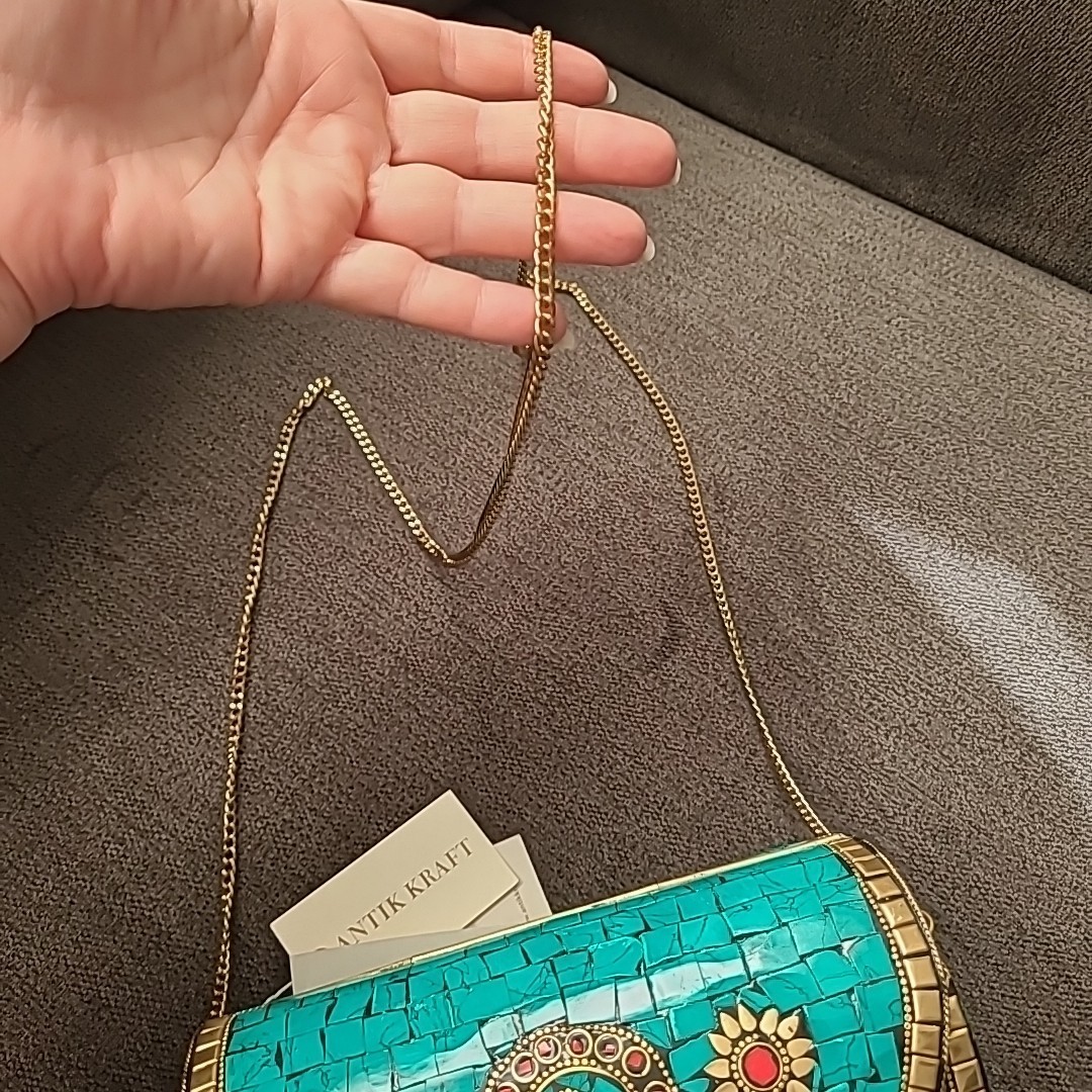 Antik Kraft Mosiac Cylinder Metal Clutch Bag Purse Turquoise Iron Brass India