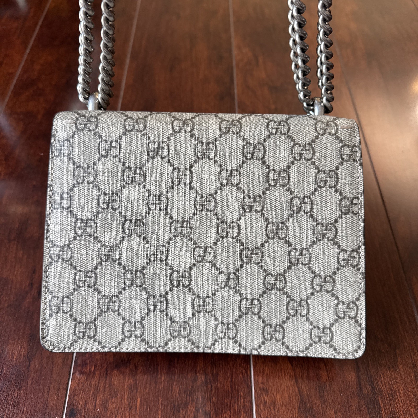 Gucci Dionysus Small GG Supreme Chain Bag Beige Canvas Red Suede Silver Hardware