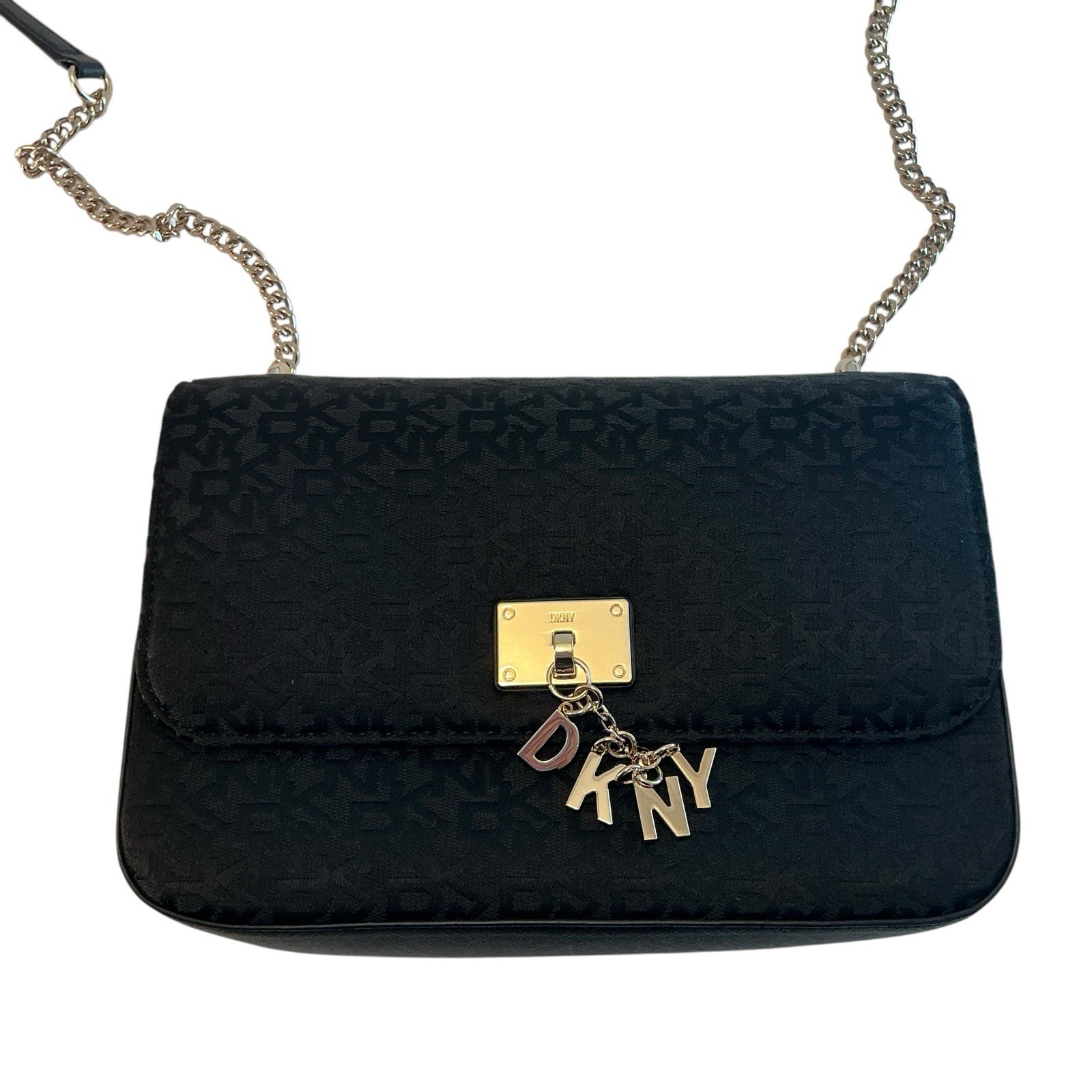 DKNY Women Cleo MD Medium Black Shoulder Bag Chain Strap Monogram Logo