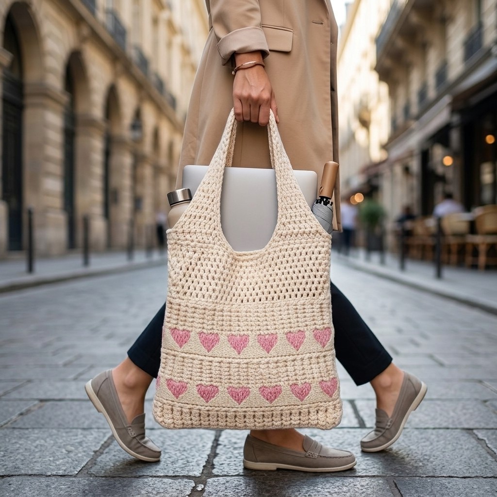 Women Heart Crochet Tote Bag, Cute Knitted Shoulder Handbag for Daily Shopping
