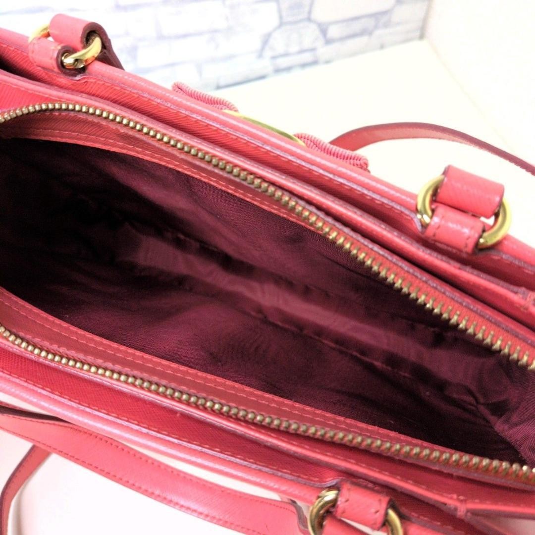 Ferragamo Pink Leather Shoulder Bag with Ribbon Used, 7.9×10.2×2.4 inches
