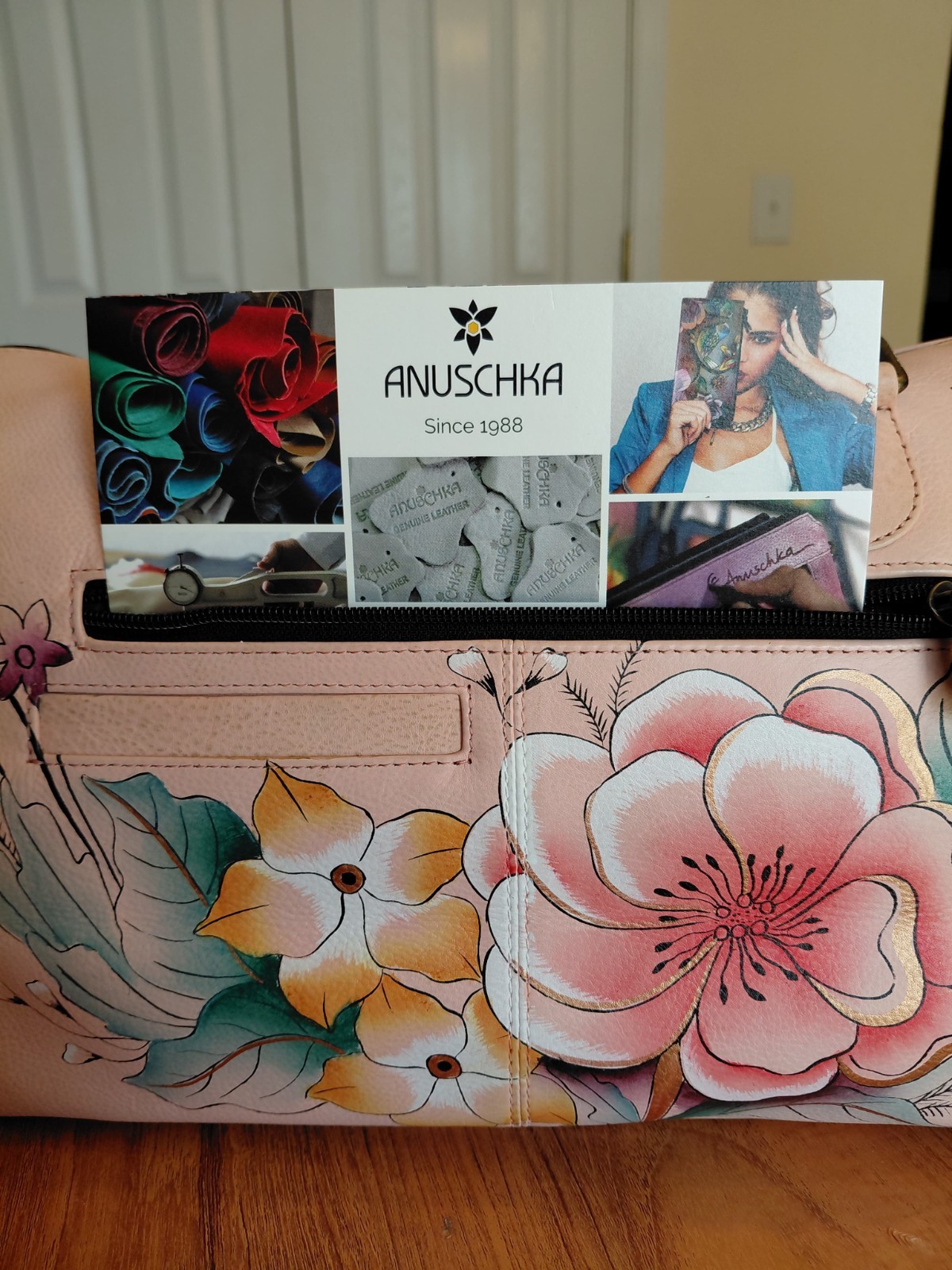 Anuschka Hand-Painted Pink Floral Satchel Zip, Detachable Strap, Dust Bag