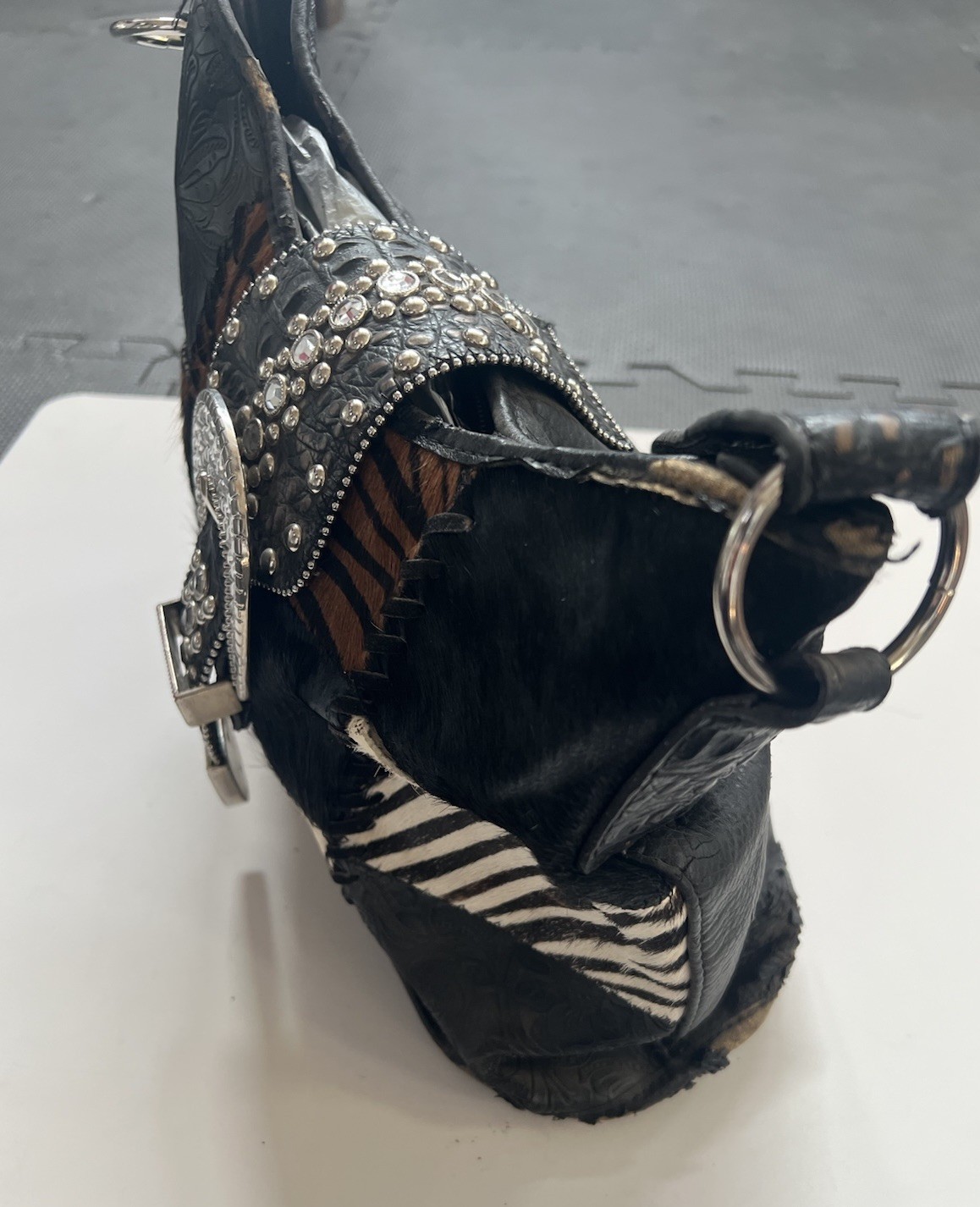 Cowgirl Patchwork Purse Black Embellished with Rhinestones and Faux Cowhide