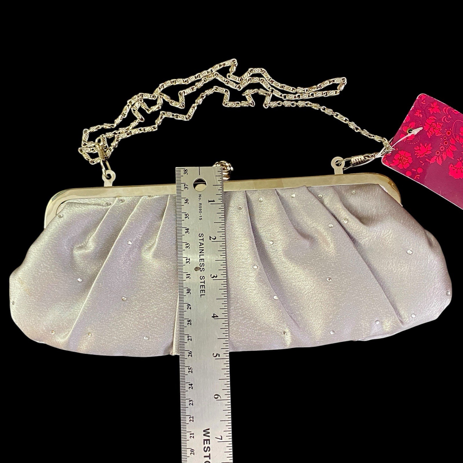 Lulu Townsend Silver Satin Party Evening Bag Rhinestones Clasp Clutch Chain READ