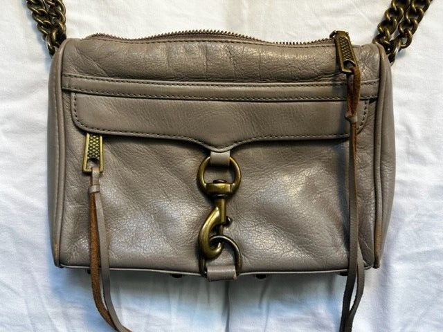 Rebecca Minkoff Gray Mini M.A.C. Leather Crossbody Bag Brass Chain Metal Accents