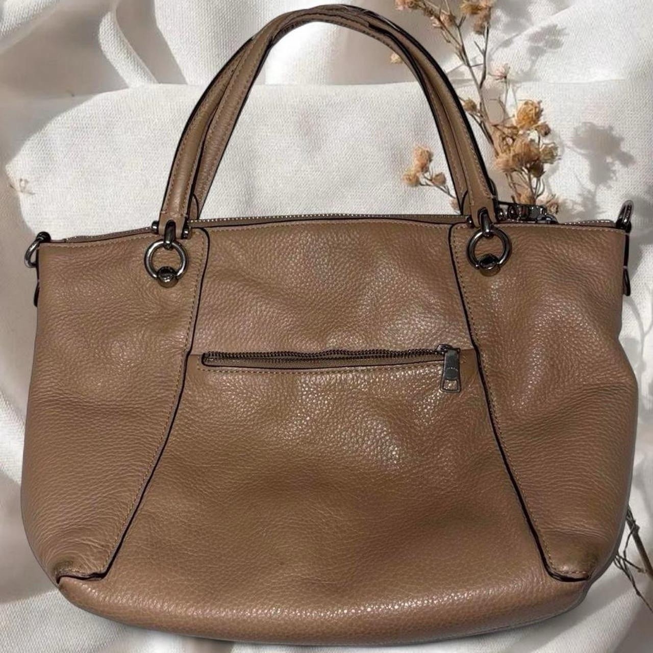 Coach Woman’s Kacey Pebbled Leather Satchel Bag – Taupe Color