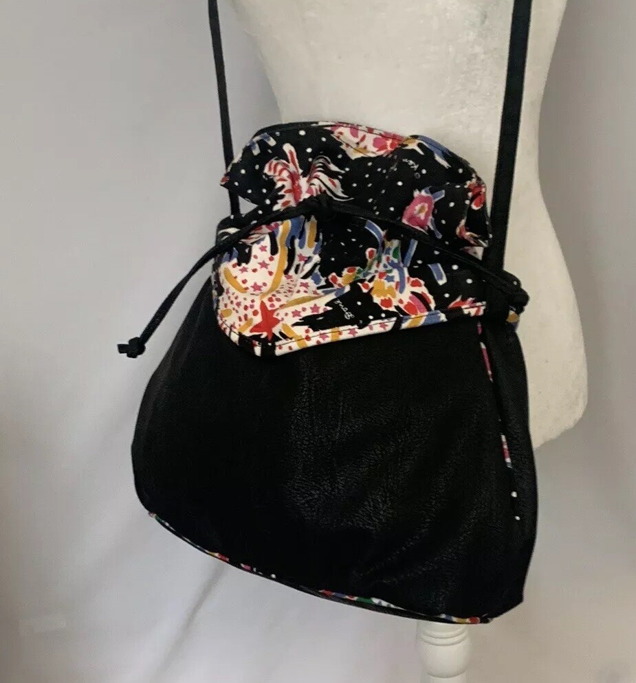 KEN DONE Vintage Medium Drawstring Bucket Bag Floral Canvas Print Shoulder Bag