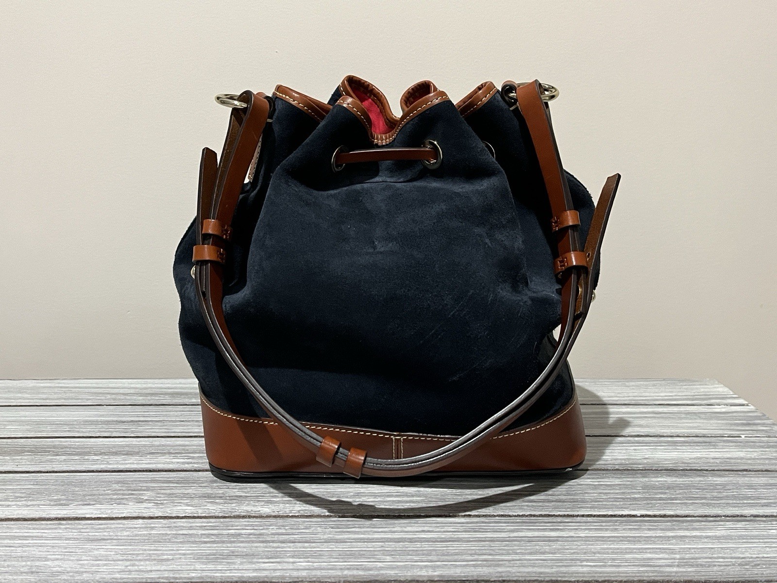 Dooney & Bourke Marine Blue Suede Tasha Drawstring Bucket Shoulder Bag Navy