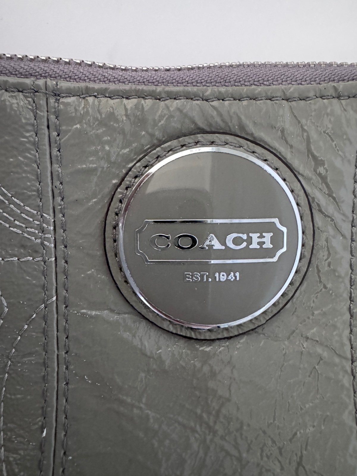 Coach Light Gray Signature Stitched Patent Leather F15141 Shoulder Handbag