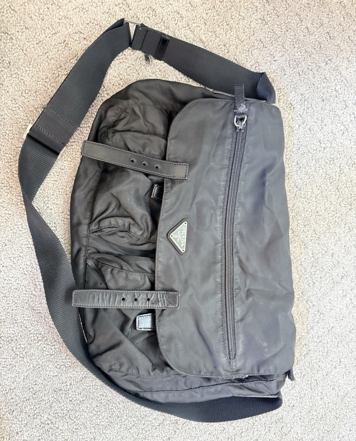 PRADA Black Messenger Shoulder Bag Adjustable Strap Buckle Zip Logo Silver