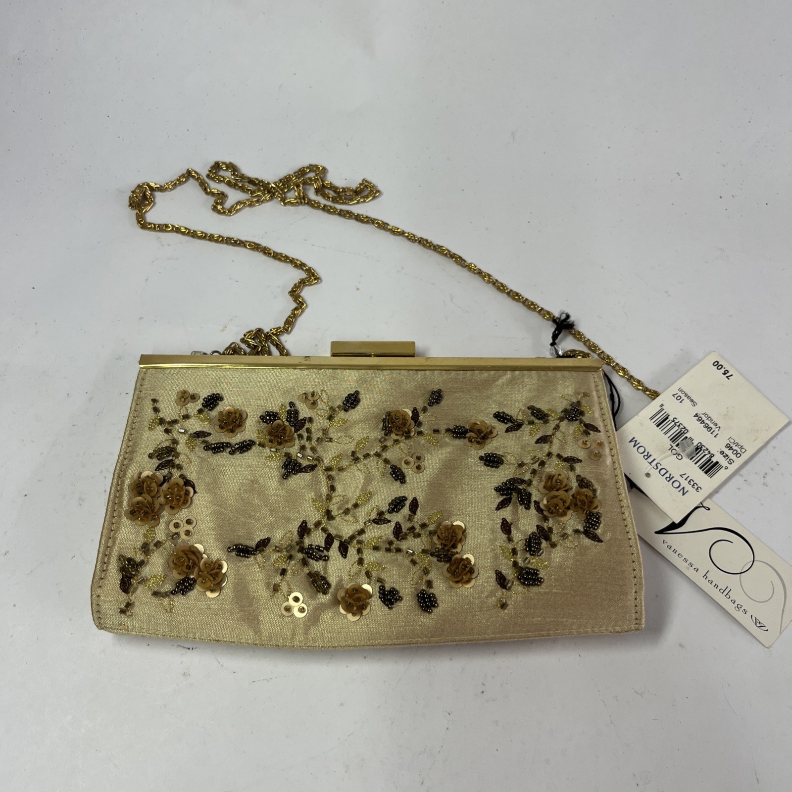 Vanessa Beaded & Embroidered Gold Evening Clutch w/Hideway Chain 8×5 Tags