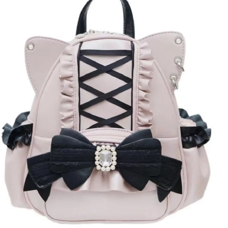 Korean Fashion Y2K Punk Backpack Lace Bow Cat Ear Lotus Lace Decoration Lolita B