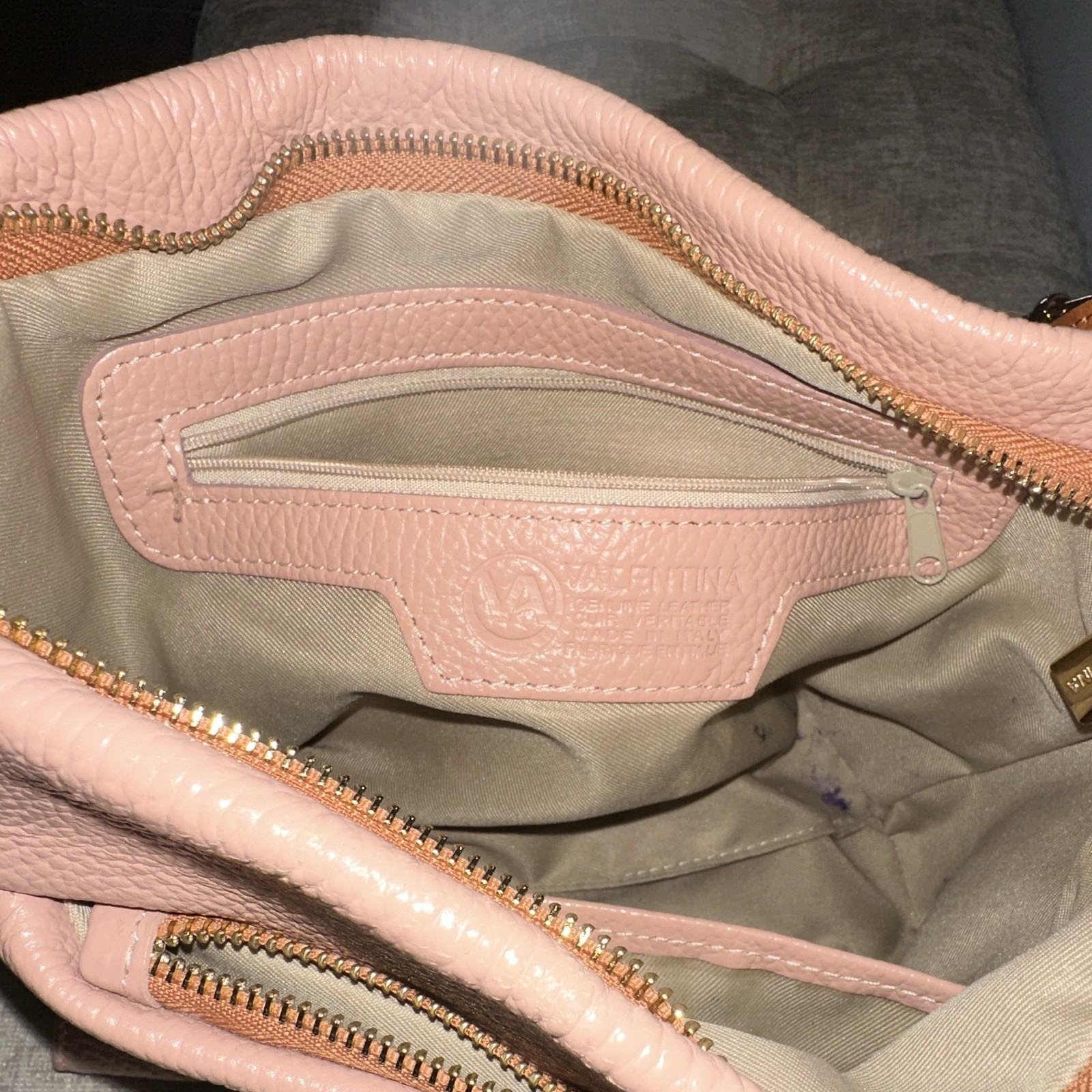Valentina Pink Pebbled Shoulder Bag Zip Closure Brown Strap Gold Hardware