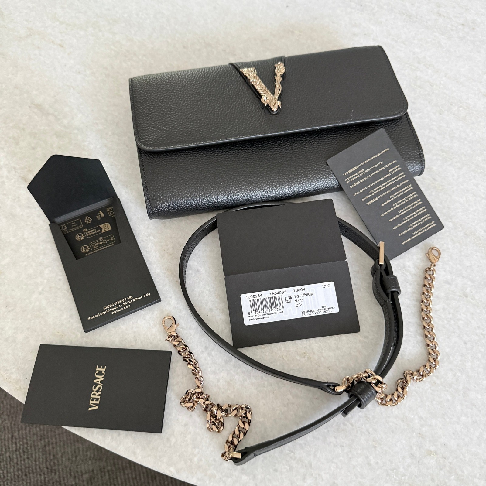 Versace Virtus Wallet on Chain Black Vitello Leather Bag 1006264 Nero-Oro