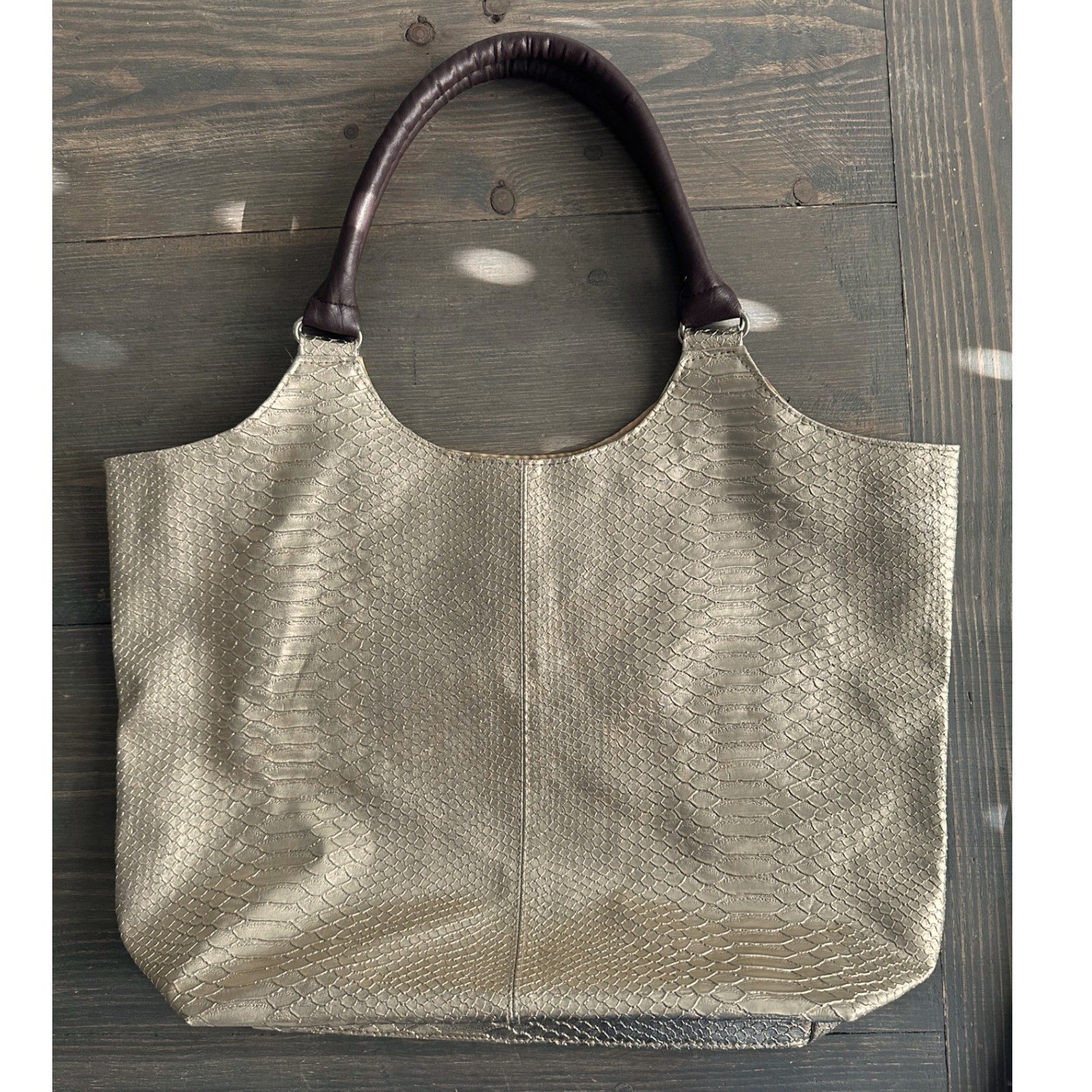 Neiman Marcus Snakeskin Embossed Gold Tote Bag Faux Leather Brown Handle