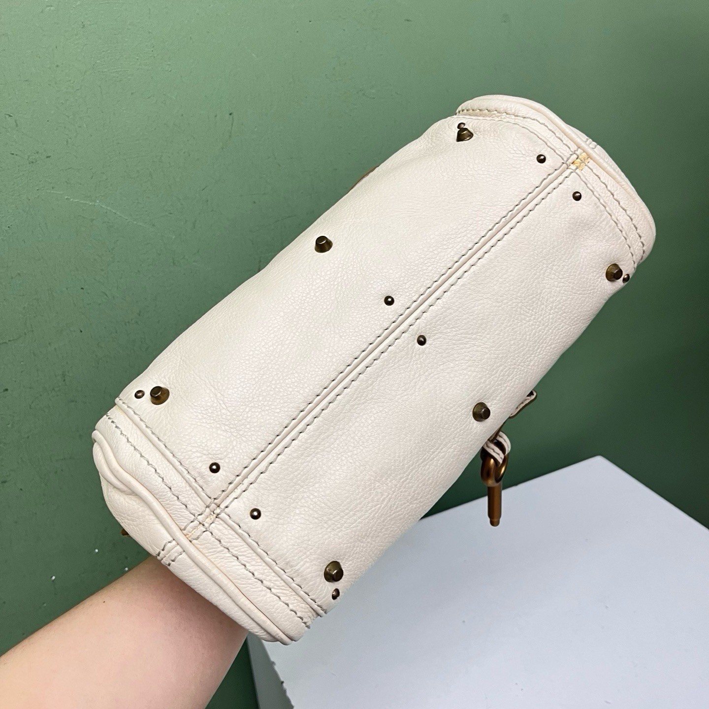 Authentic Chloé Paddington Handbag Off White Pebbled Calfskin Antique Gold