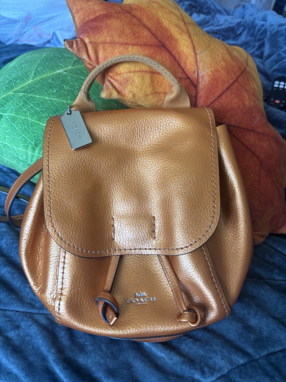 Coach Metallic OrangePebbled Leather Drawstring Backpack w/ Hang Tag, Silver HW