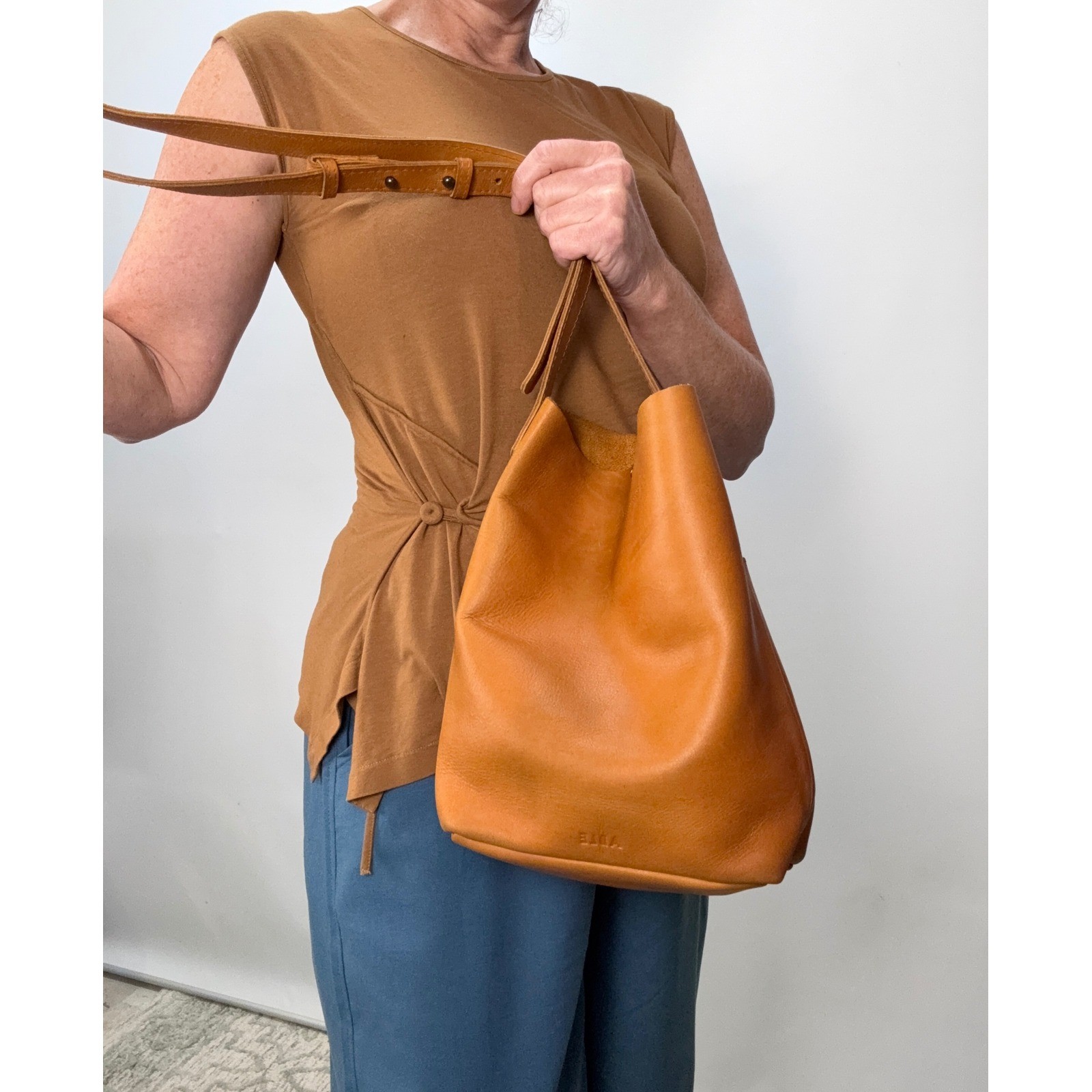 ABLE Abera Crossbody Bag Cognac Brown Leather Minimalist Bucket Tote Handbag