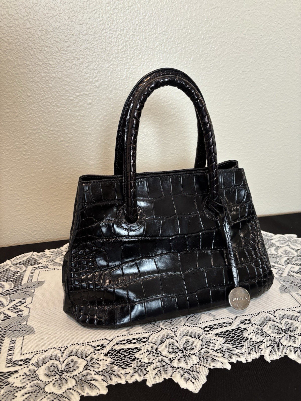 Furla Black Croc Embossed Genuine Italian leather handbag