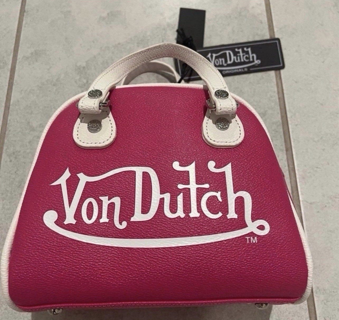 Von Dutch Pink White Logo Mini Satchel Top Handle Zip Crossbody w/ Strap