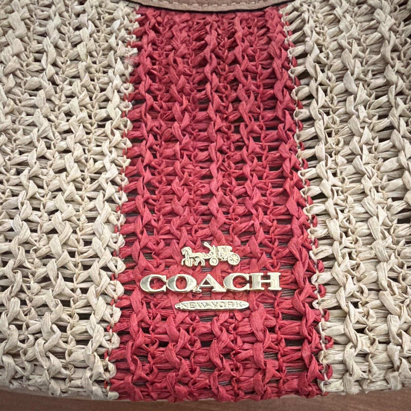 NWT COACH Emily Straw Crescent Shoulder Bag Red Tan Zip Extra Strap Cherries