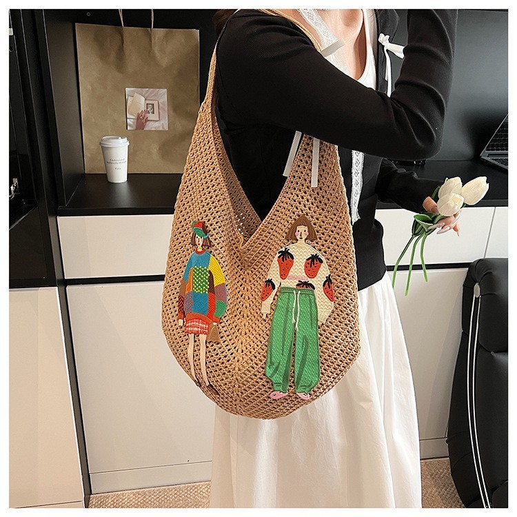 Women’s Hollow Mesh Knit Shoulder Tote Bag Slouchy Beach Woven Handbag