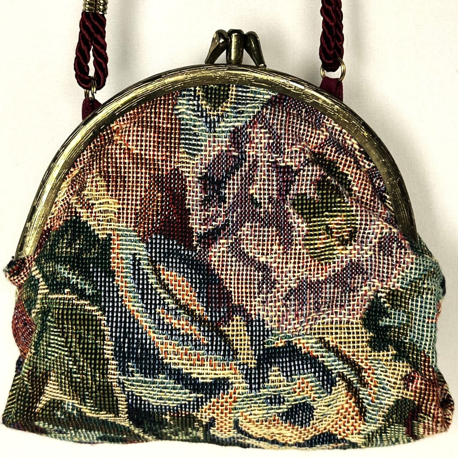 VTG Tapestry Kiss Lock Purse Floral Clutch Boho Cottagecore Evening Art Bag