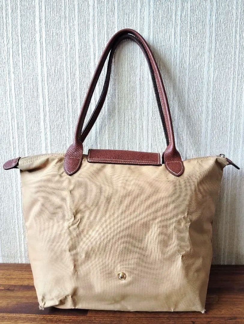 LONGCHAMP Le Pliage Nylon Leather Brown Tote Bag about 9.65 x 9.84-14.57 x 5.51″