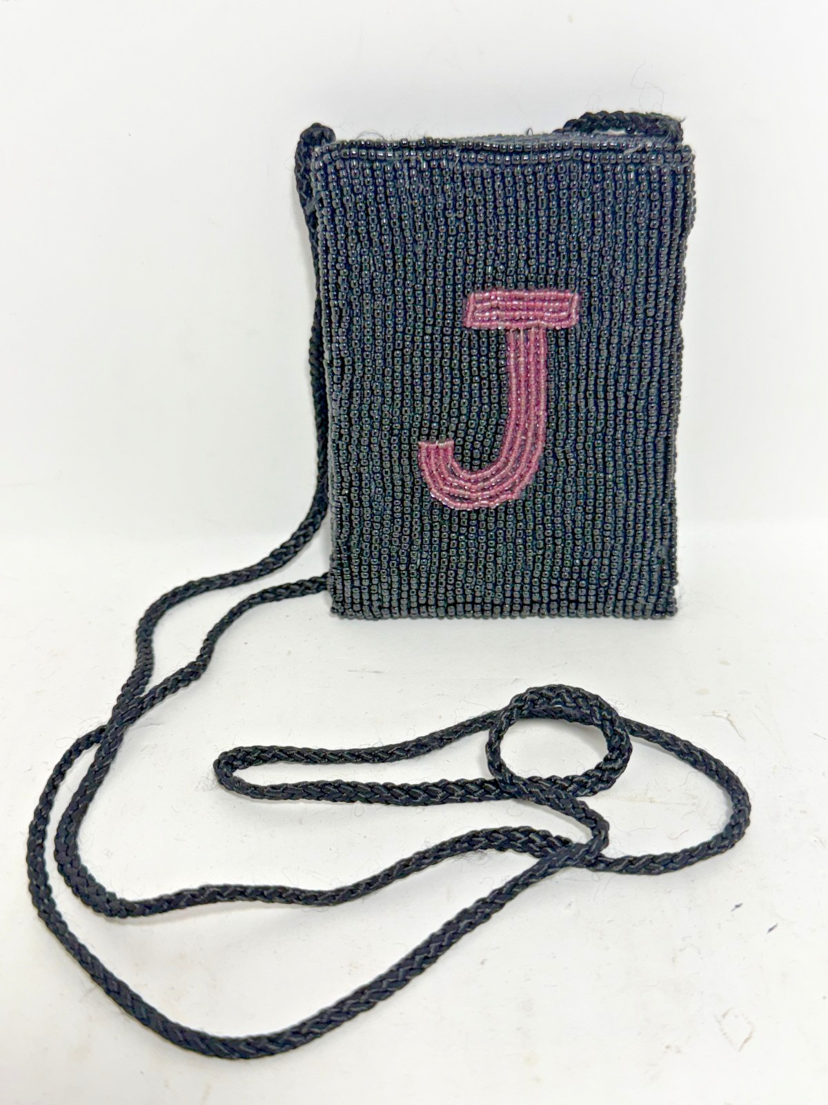 Black Beaded Crossbody Credit Card Holder Pink Initial “J” Lanyard 3.25″ x 4.25″