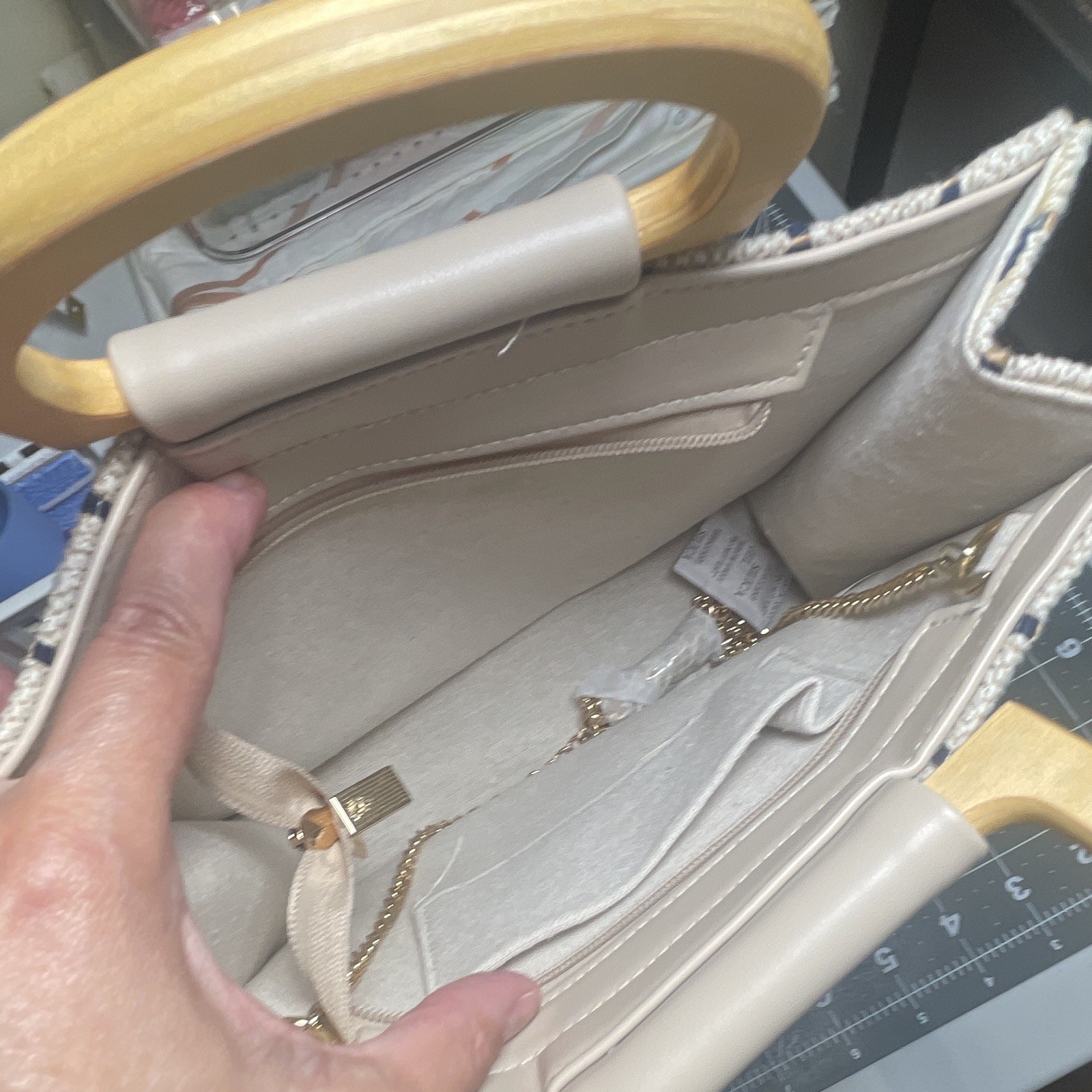 Beige Blue Striped Small Top Handle Bag Wood Handles Detachable Strap Zip