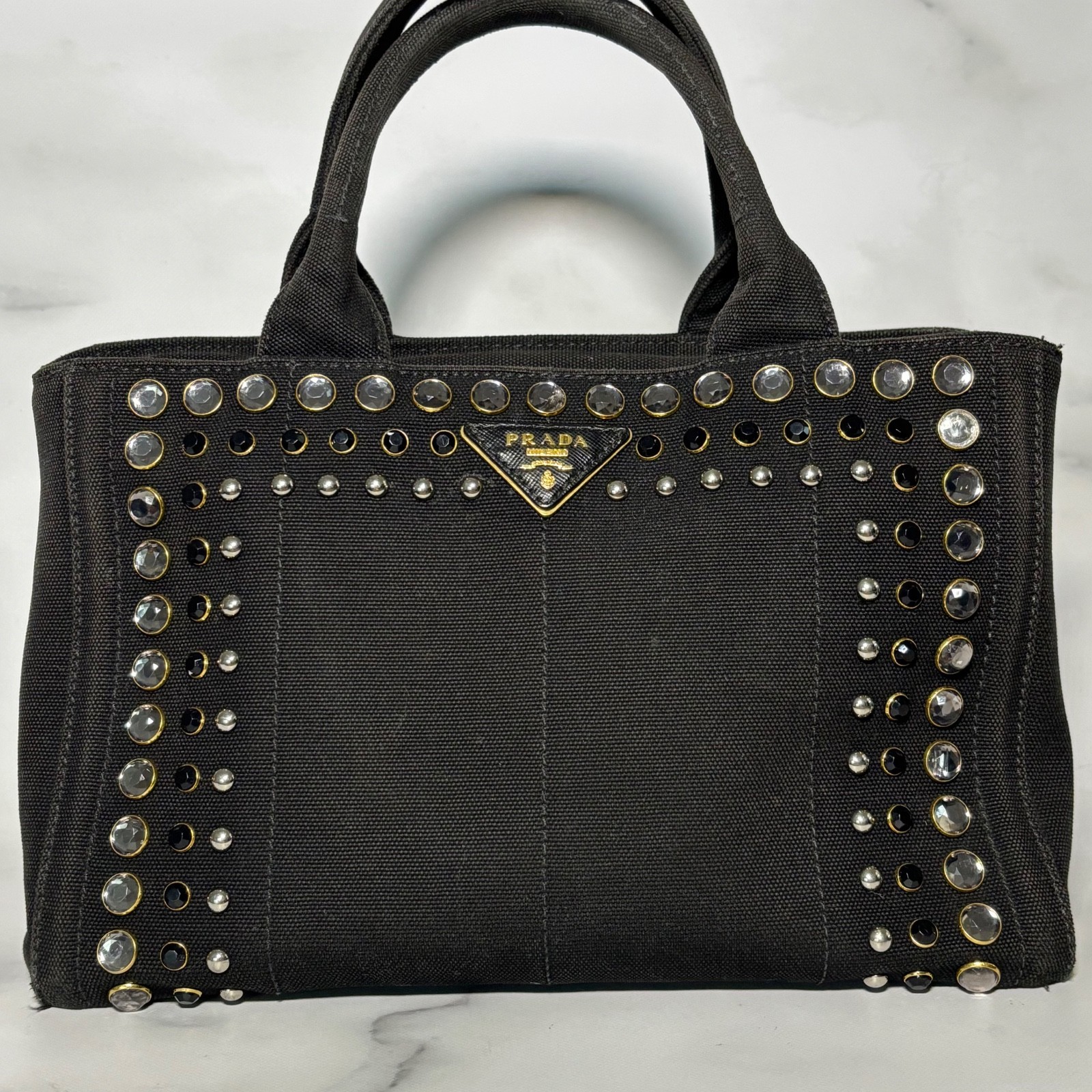 PRADA Canapa tote 2WAY Shoulder Bag Bijou Studs Tote Bag canvas Nero (Black)