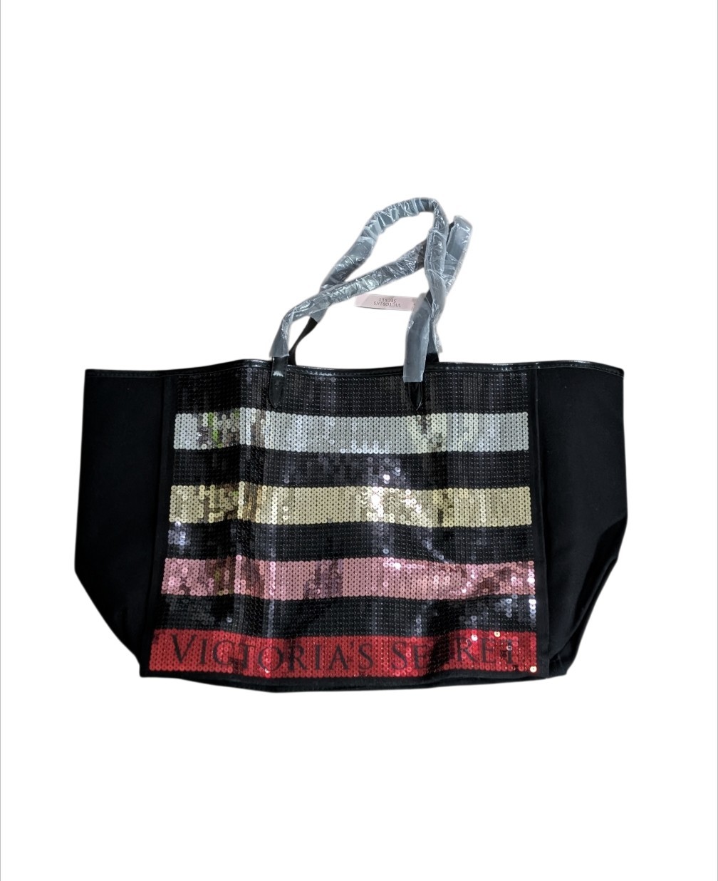NEW Victorias Secret Large Sequin Tote Bag Black Colorful Stripe Bling Weekender