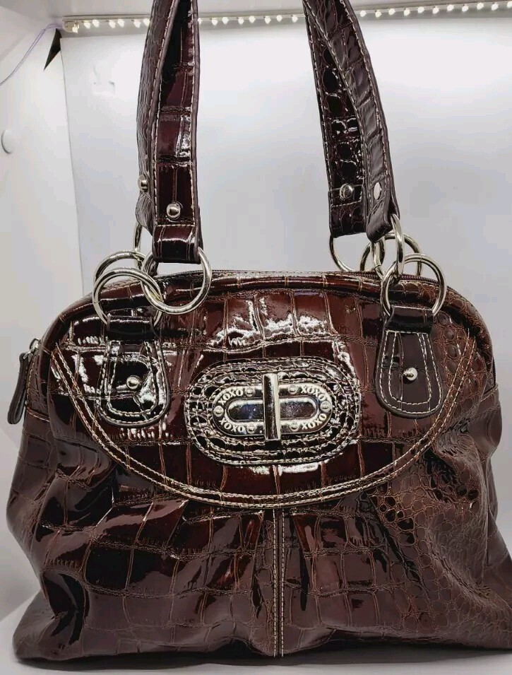 Brown PATENTED Leather Shiny Croc Purse Handbag O-ring Zipper Closure