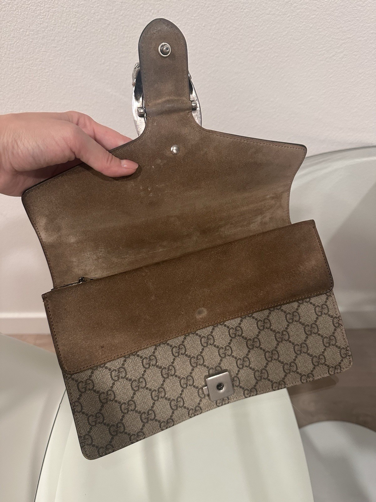 Gucci GG Monogram Dionysus Buckle Chain Shoulder Bag Beige/Brown Silver
