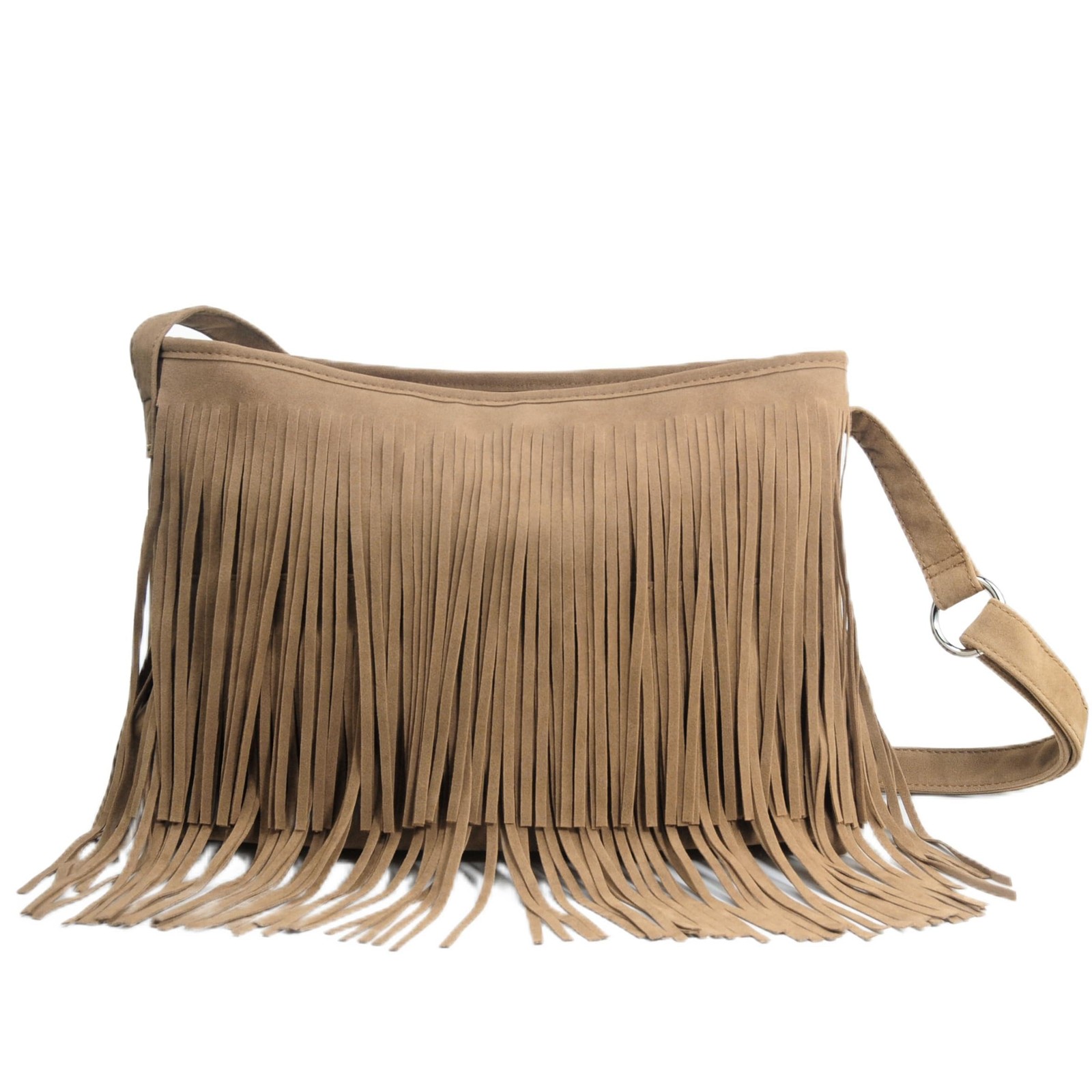 Tassel Faux Suede Leather Hobo Cross Body Shoulder Bag Womens Sling Tan