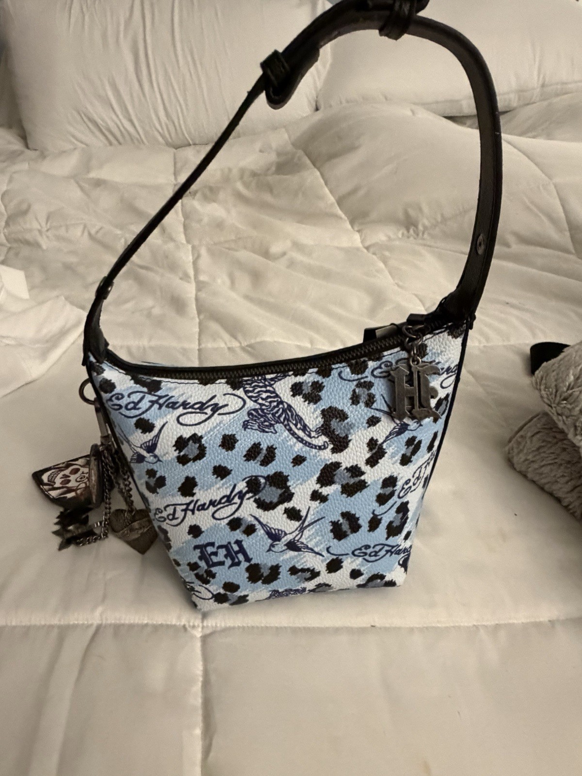 Ed Hardy Light Blue Animal Print Shoulder Bag Zip Closure Skull Charm