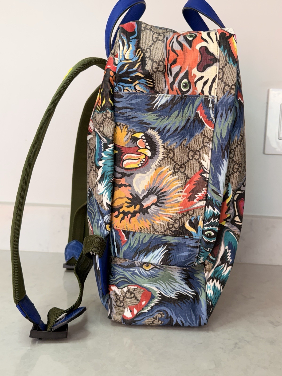 Gucci GG Monogram Tian Tiger Print Backpack Zip Top Handle Silver Hardware