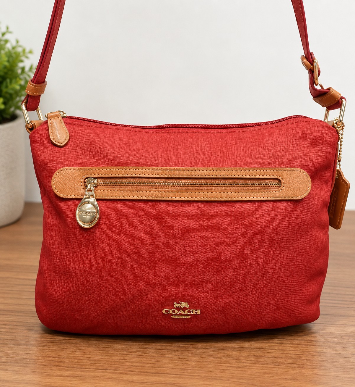 Coach F37239 Sawyer Crossbody Bag Red Nylon Twill Leather Trim Gold Hardware