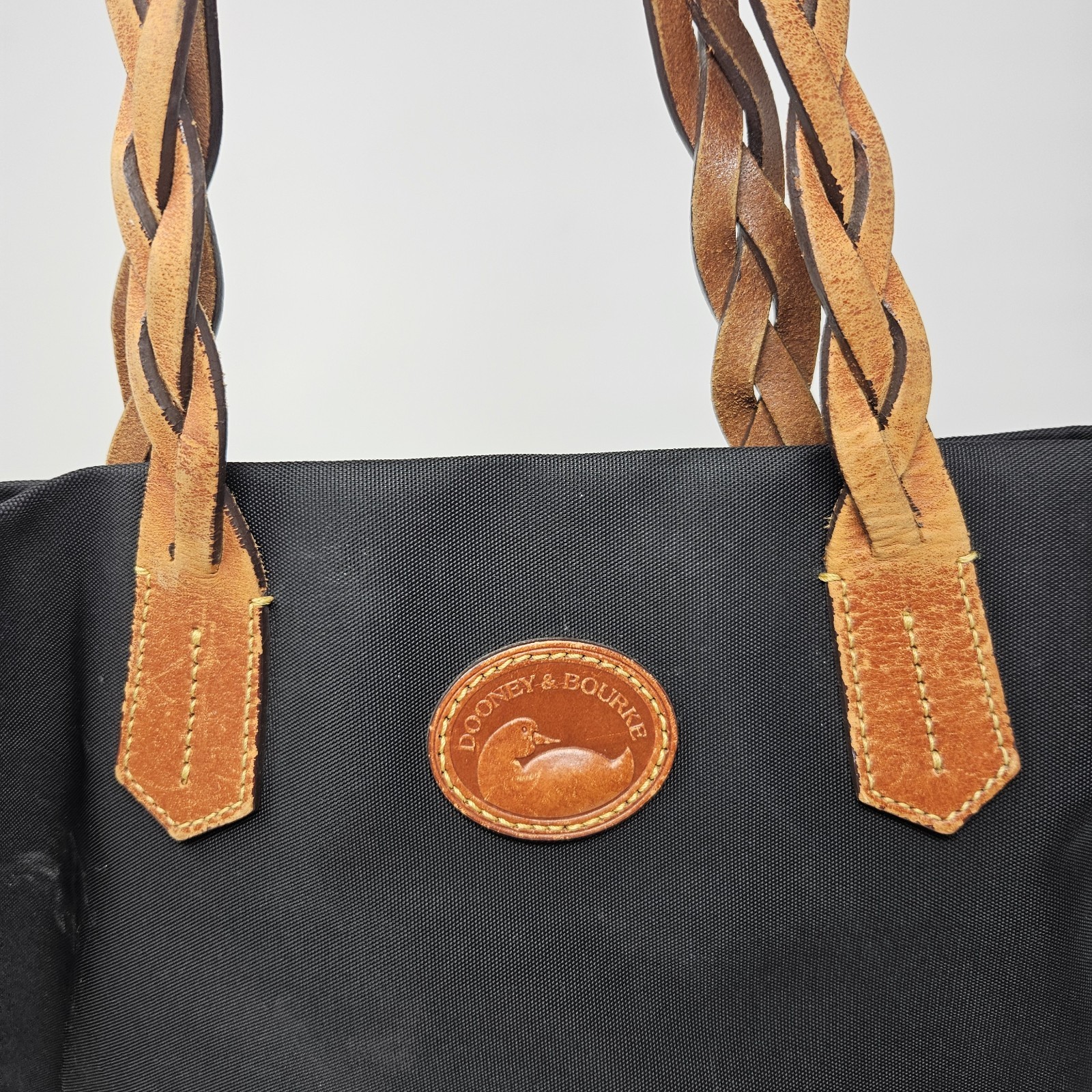 Dooney & Bourke Black Nylon Shopper Tote Bag Brown Leather Braided Duck Logo