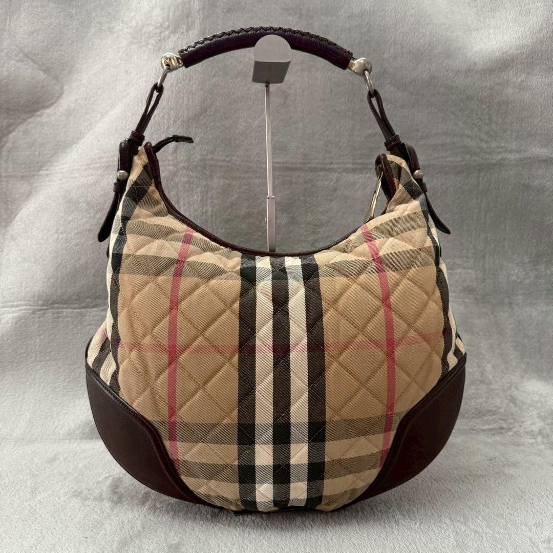 Burberry Nova Check Quilted Hobo Bag Beige Shoulder Horse Logo Auth