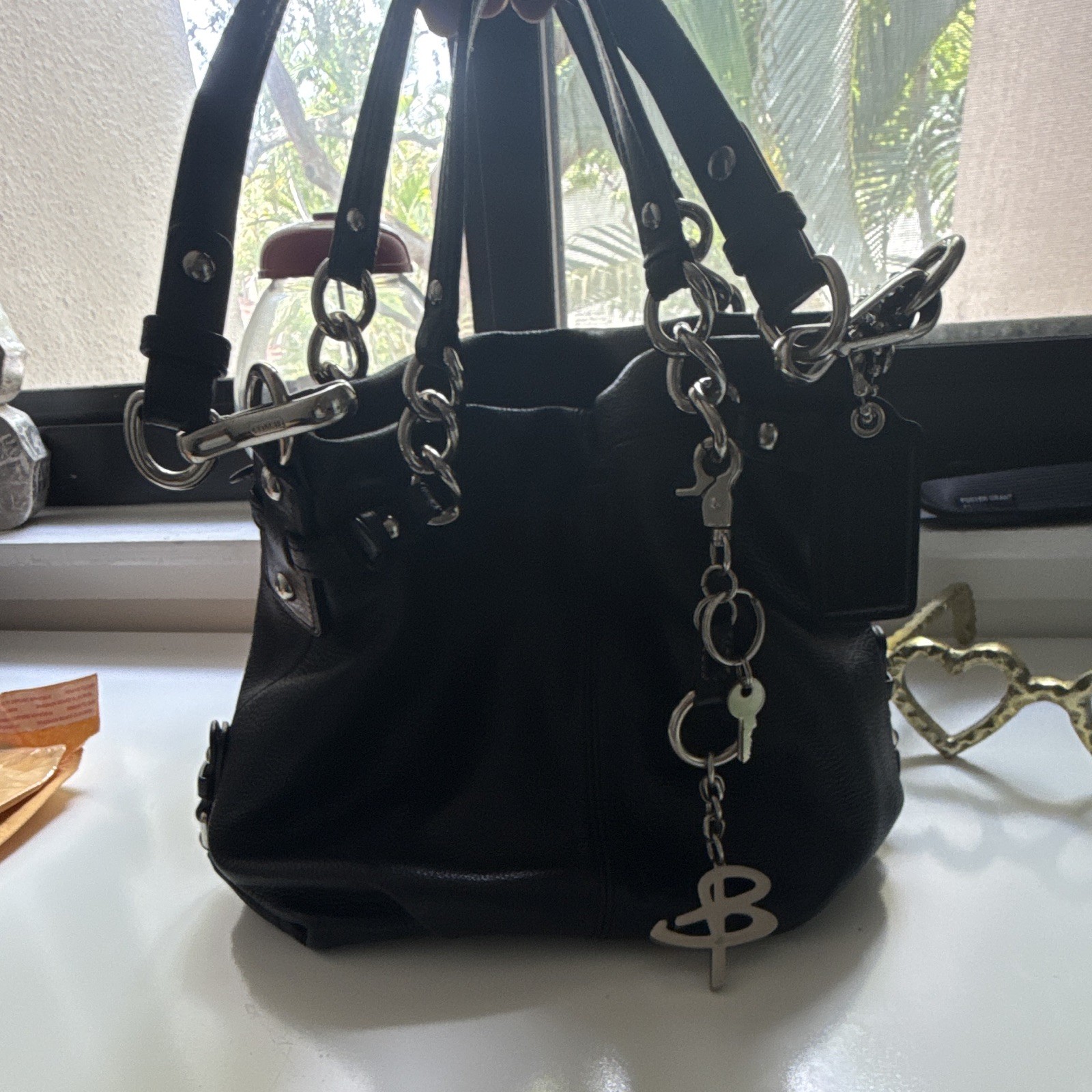 Coach Black Brooke hobo Bag Silver Chain Strap Zip Burgundy Lining
