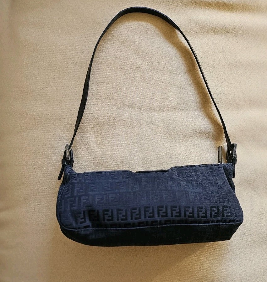Vintage Fendi Black Zucchino FF Monogram Canvas Mini Mamma Baguette Shoulder Bag