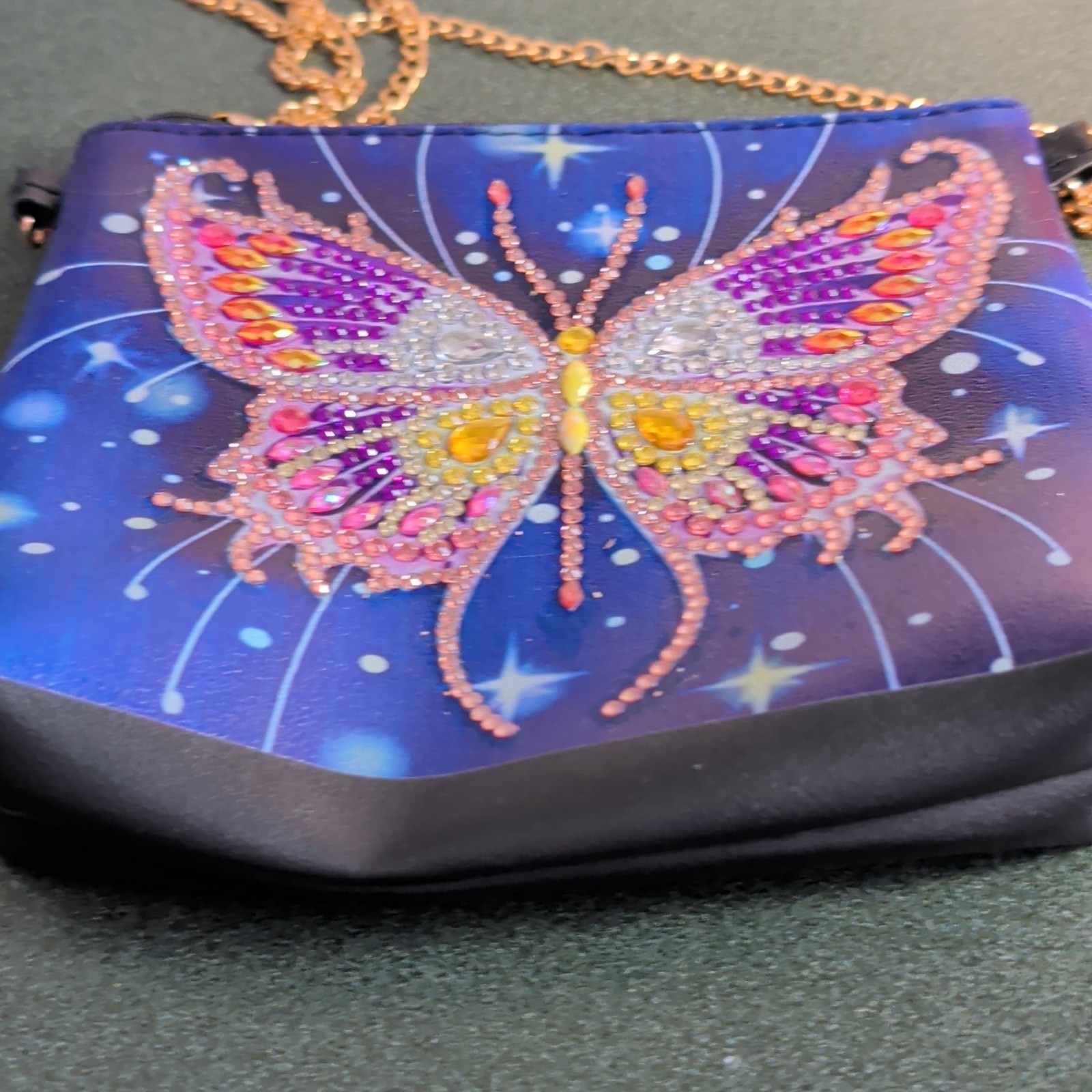 Blue Pink Purple Women’s Shoulder Bag with Beaded Butterfly, Gold Chain Strap