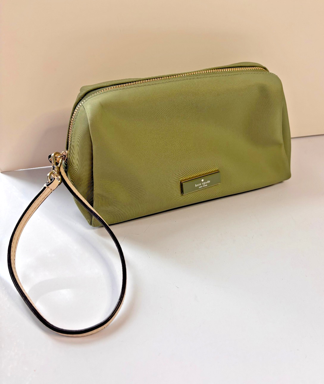 Kate Spade Cosmetic Bag Nylon Olive Green Wristlet Travel Pouch Gold Zip 8x5in
