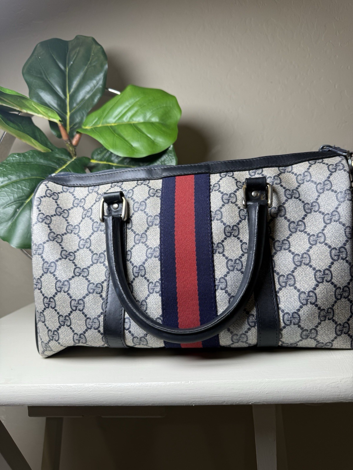 Gucci GG Monogram Web Stripe Top Handle Satchel Bag, Black Handles, Zip