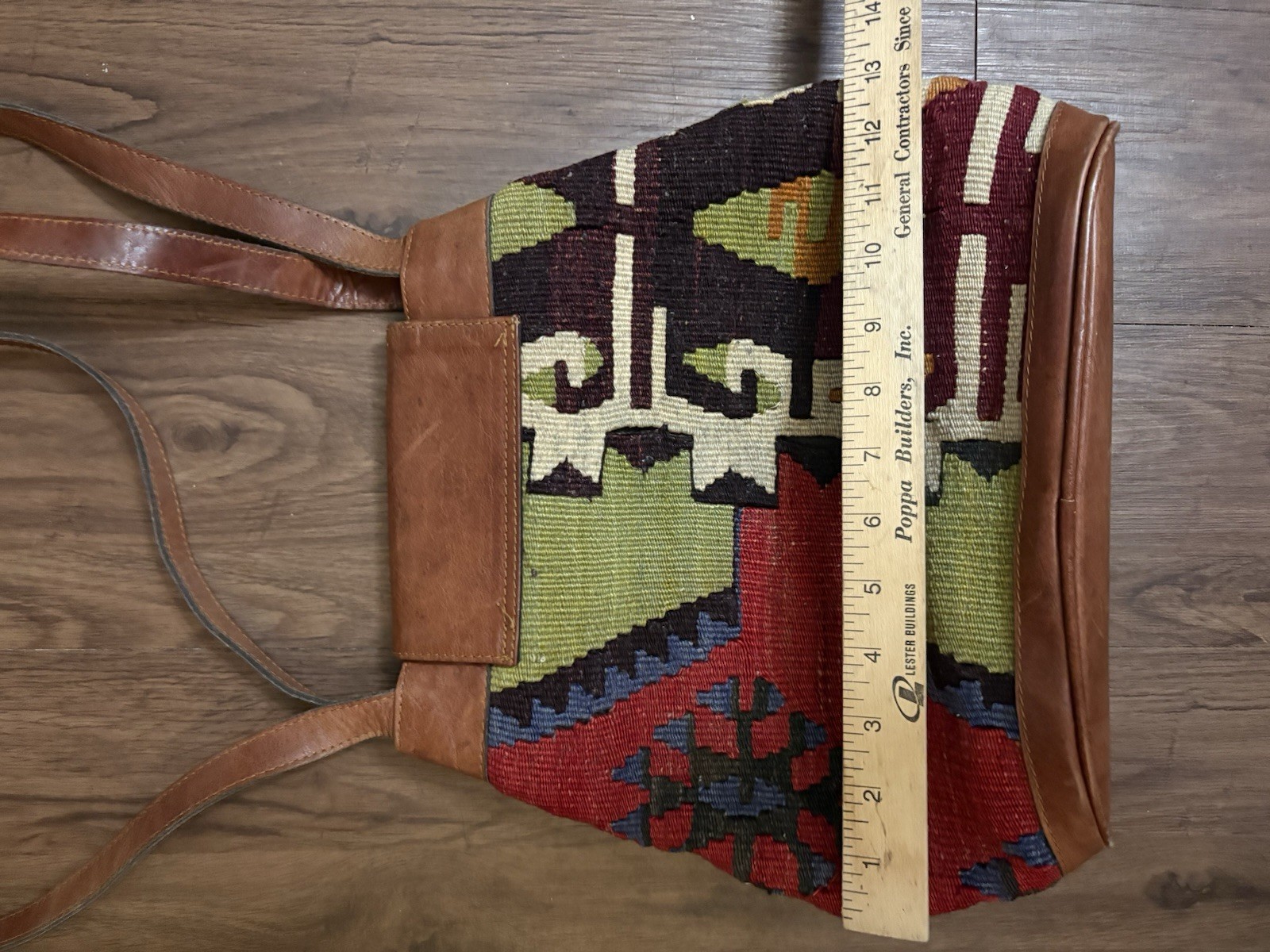 Kilim ART Multicolor Geometric Leather Trim Long Double Handles Bag