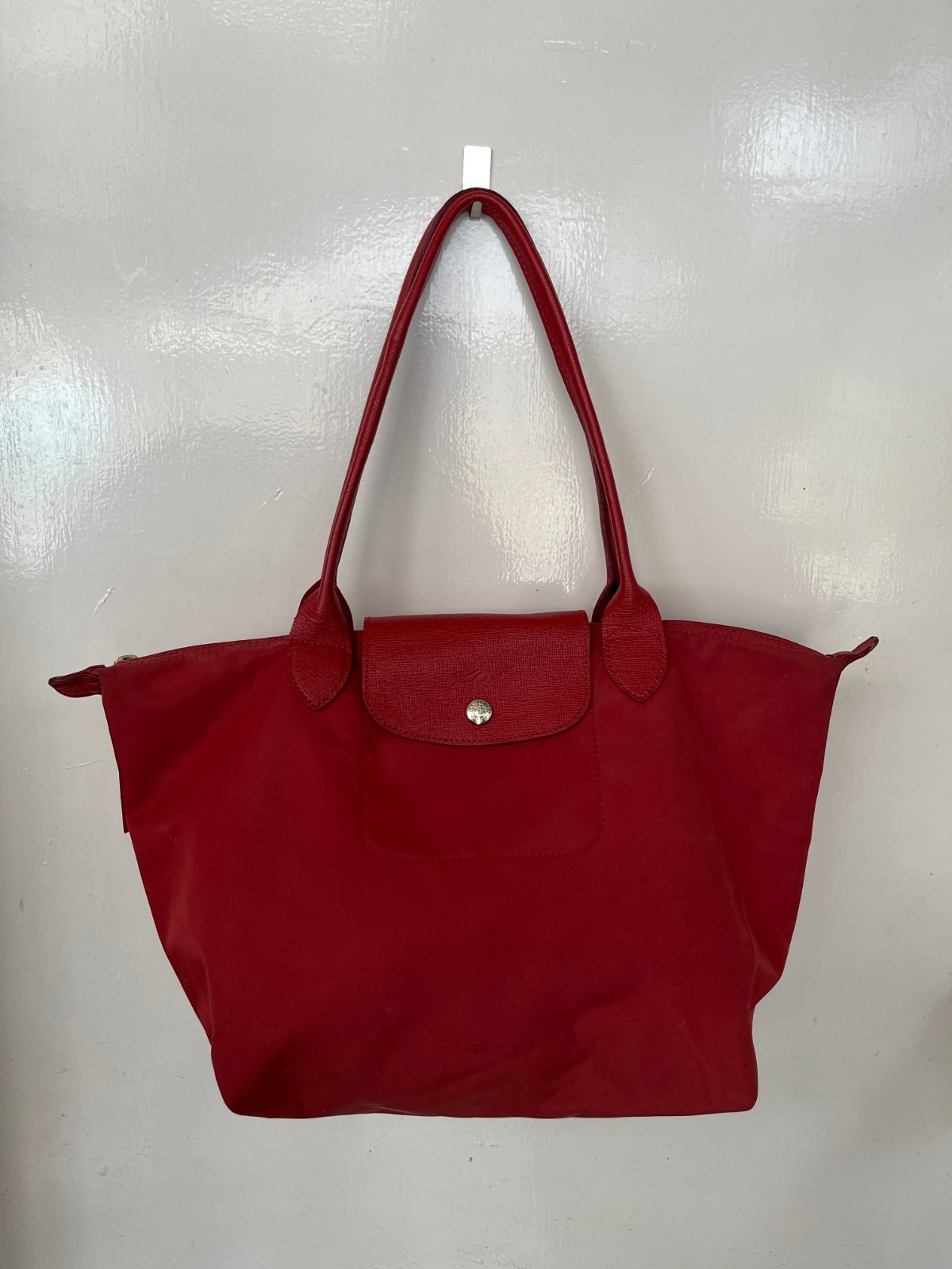 Authentic Longchamp Le Pliage Large Red Nylon Leather Tote Shoulder Bag PreOwned