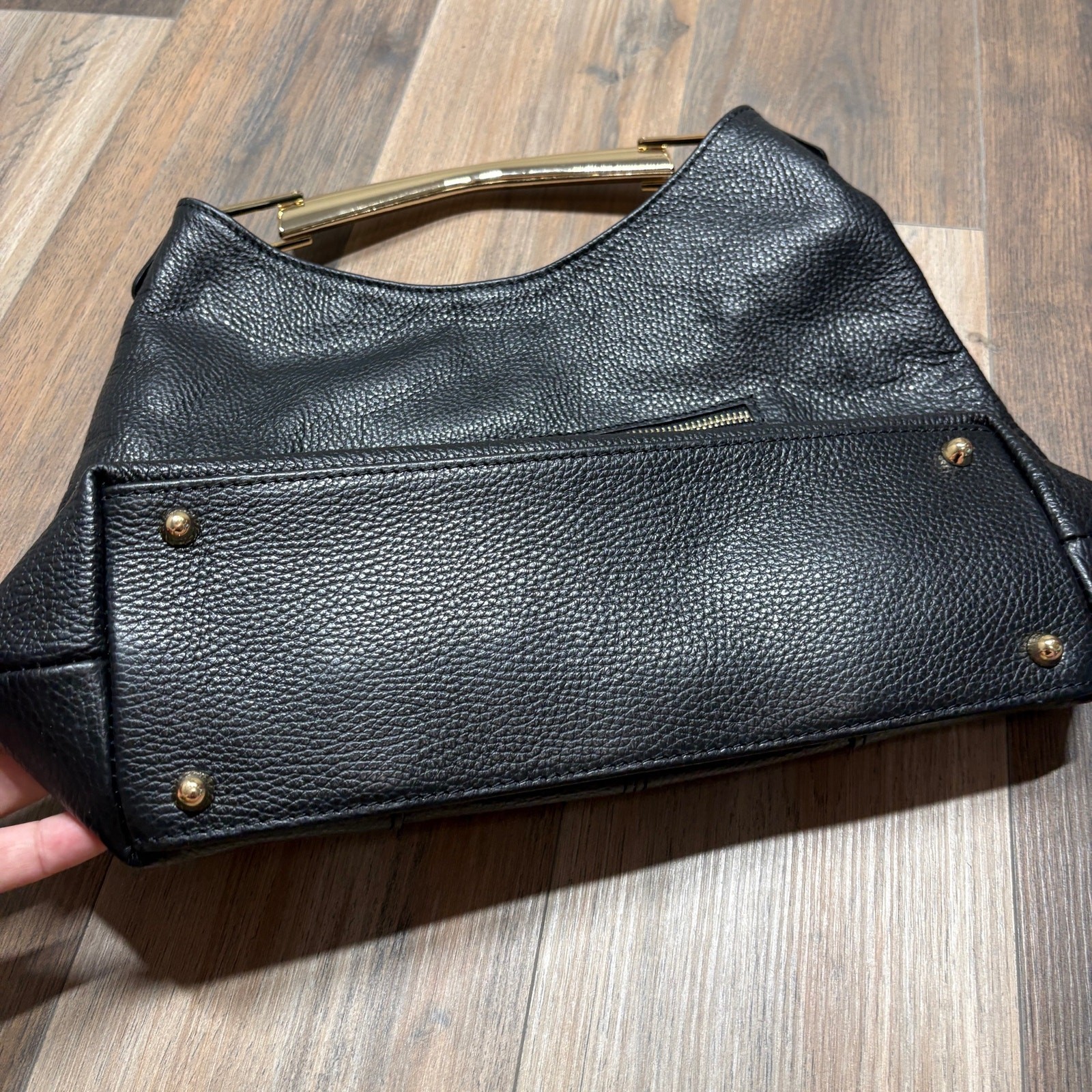 Vera Pelle Gold Top Handle Hobo Bag Black Genuine Leather Inner Zip Pocket Italy